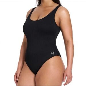 Puma Black Scoop-Front Ribbed One-Piece Swimsuit